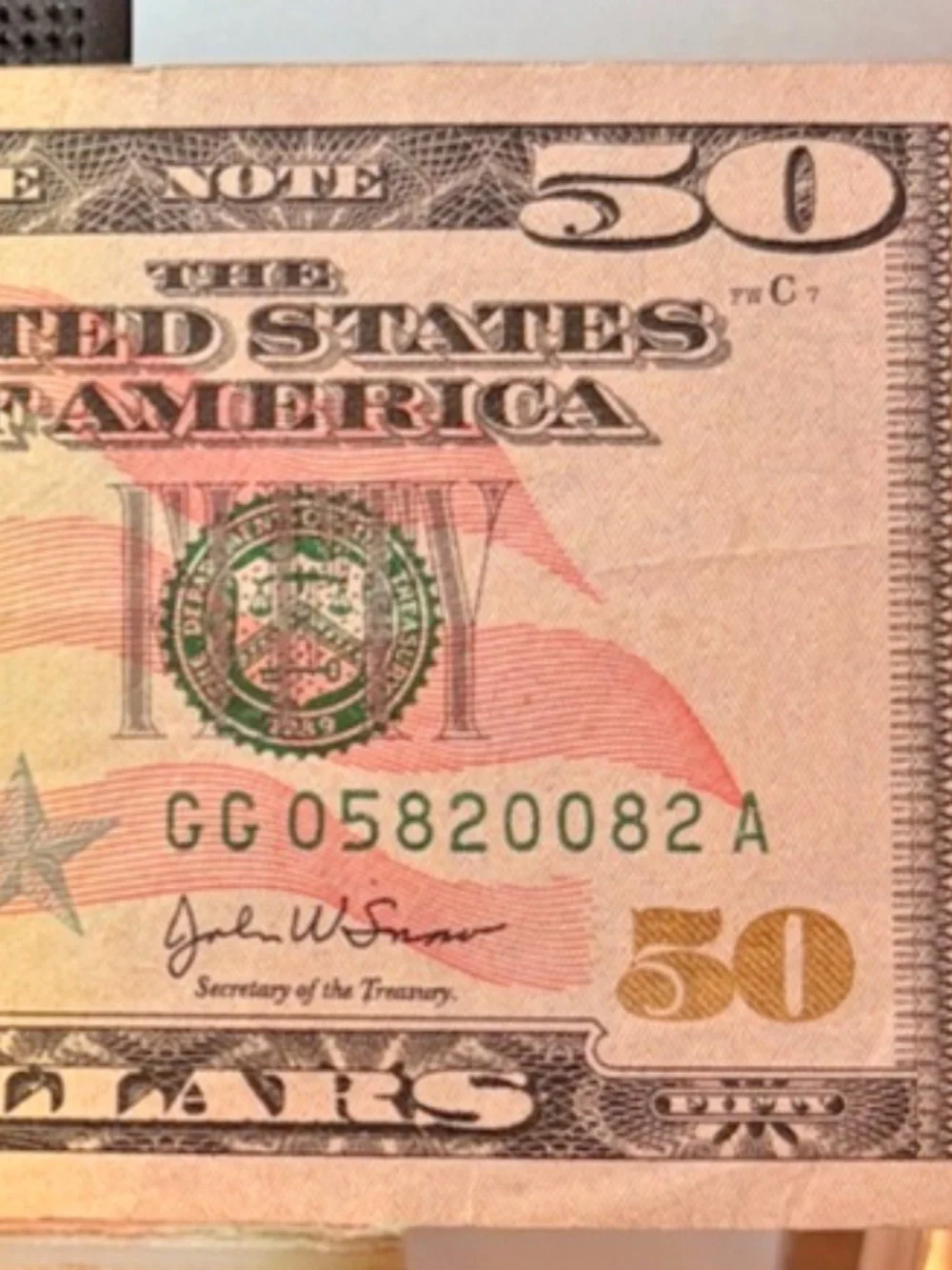 $50 Bill 2004 Slight Tear Low # Gg 05820082 A #206529475118